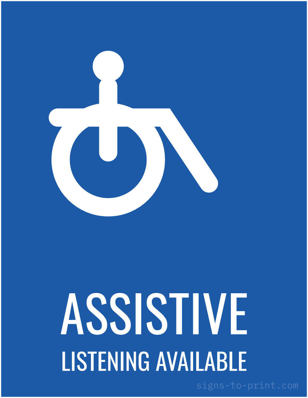 Free printable Assistive Listening Available sign, Blue / White, 8.5x11 in