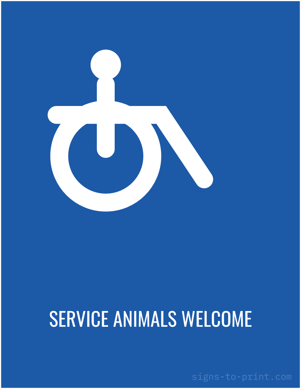 Free printable Service Animals Welcome sign, Blue / White, 8.5x11 in