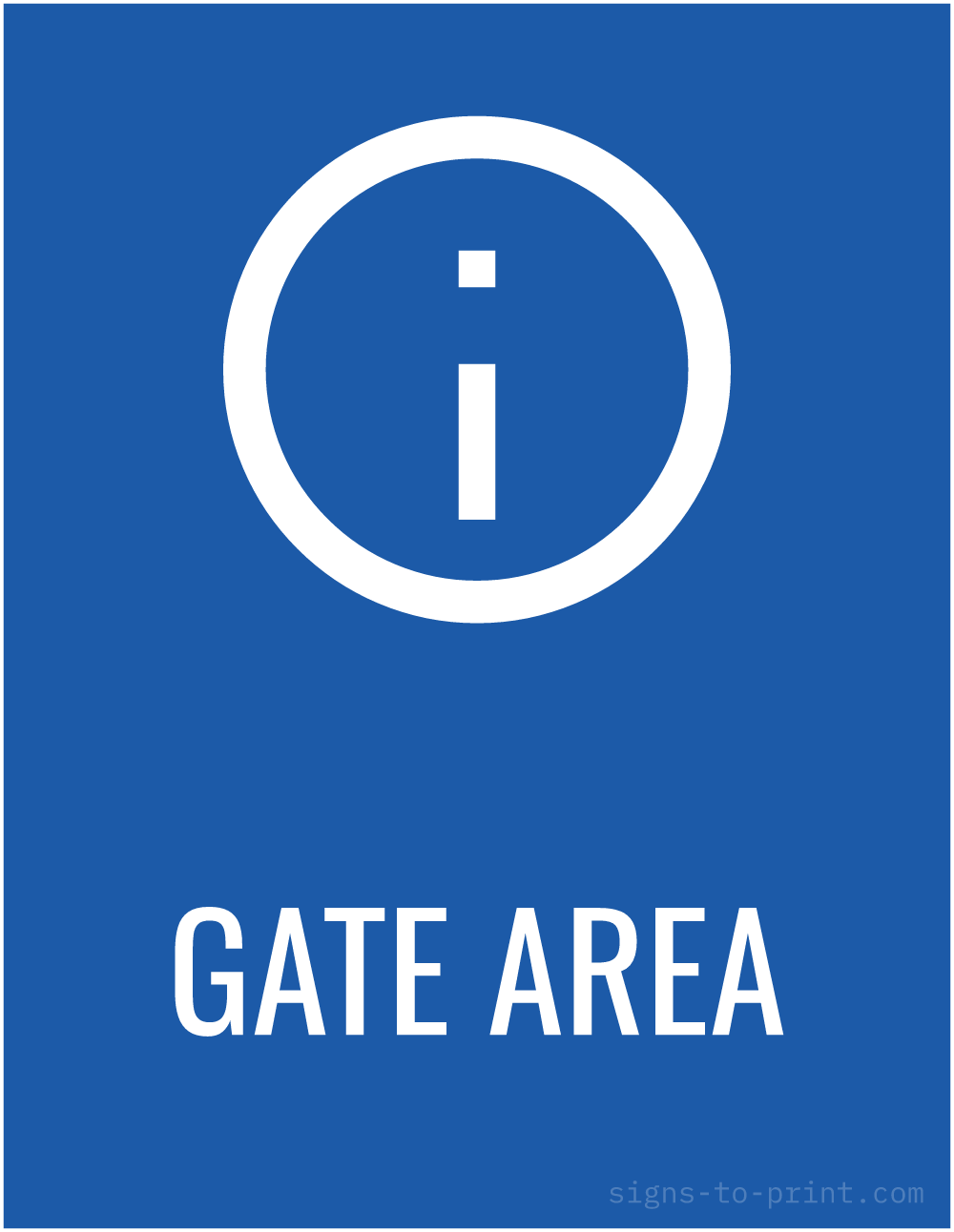 Free printable Gate Area 8.5 x 11 sign, Blue / White, 8.5 x 11 download