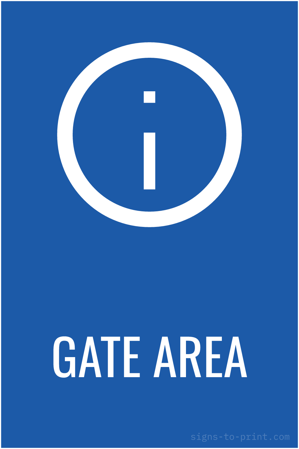 Free printable Gate Area sign, Blue / White, 12x18 in