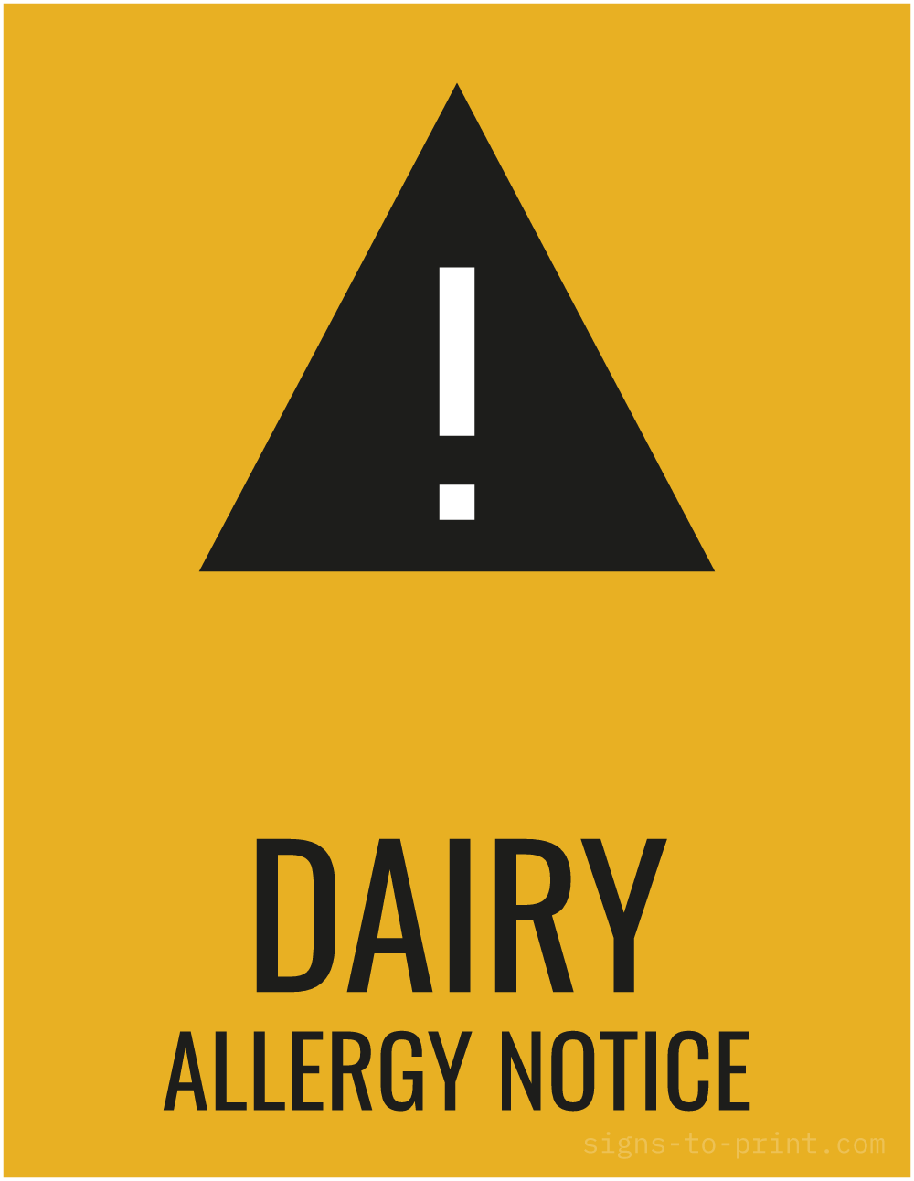 Free printable Dairy Allergy Notice sign, Orange / Black, 8.5x11 in