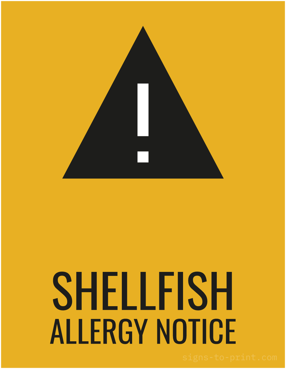 Free printable Shellfish Allergy Notice sign, Orange / Black, 8.5x11 in