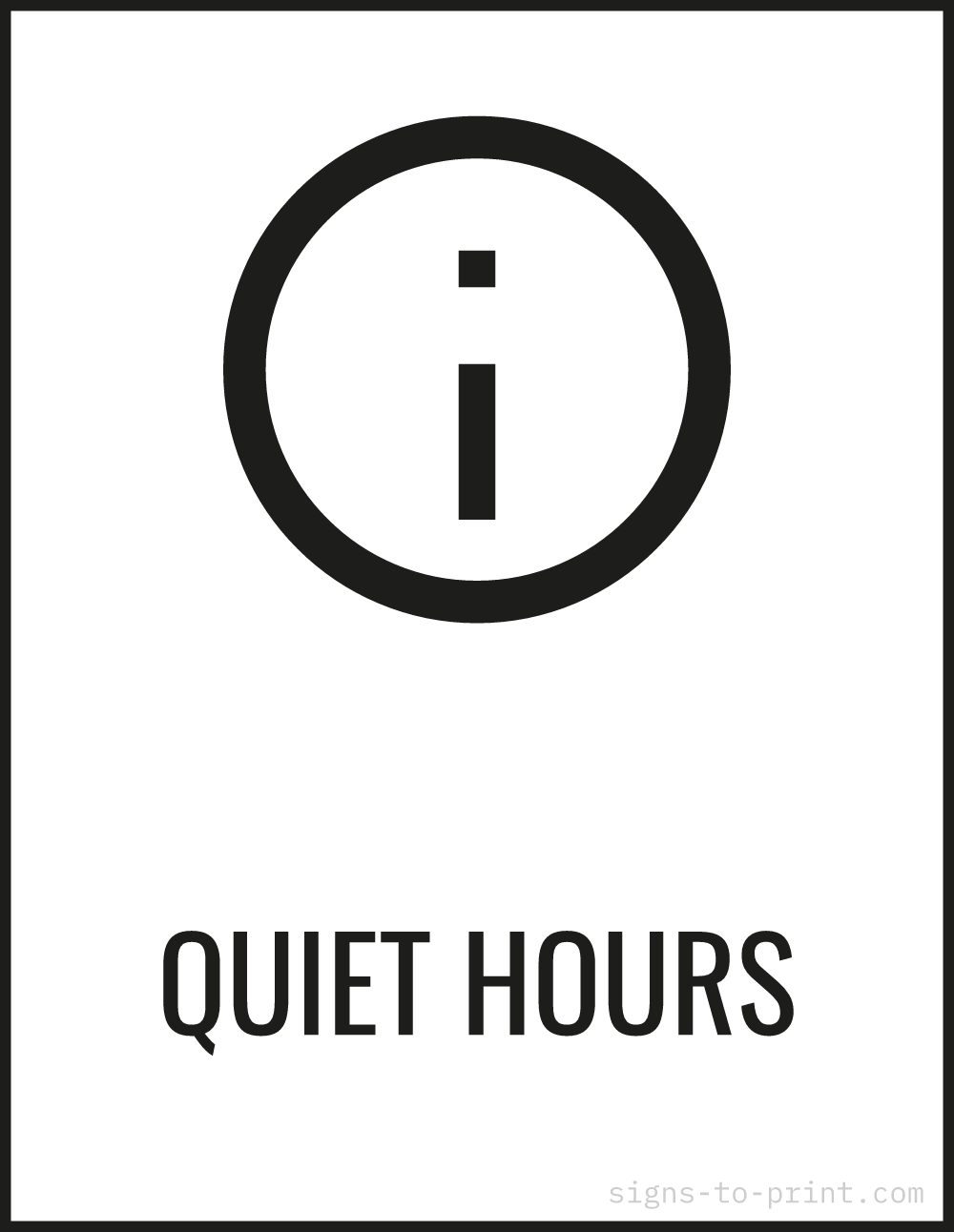 Free printable Quiet Hours sign, Black / White, 8.5x11 in