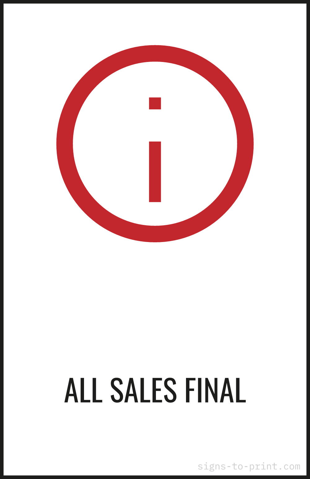 Free printable All Sales Final 11 x 17 sign, Red / White, 11 x 17 download