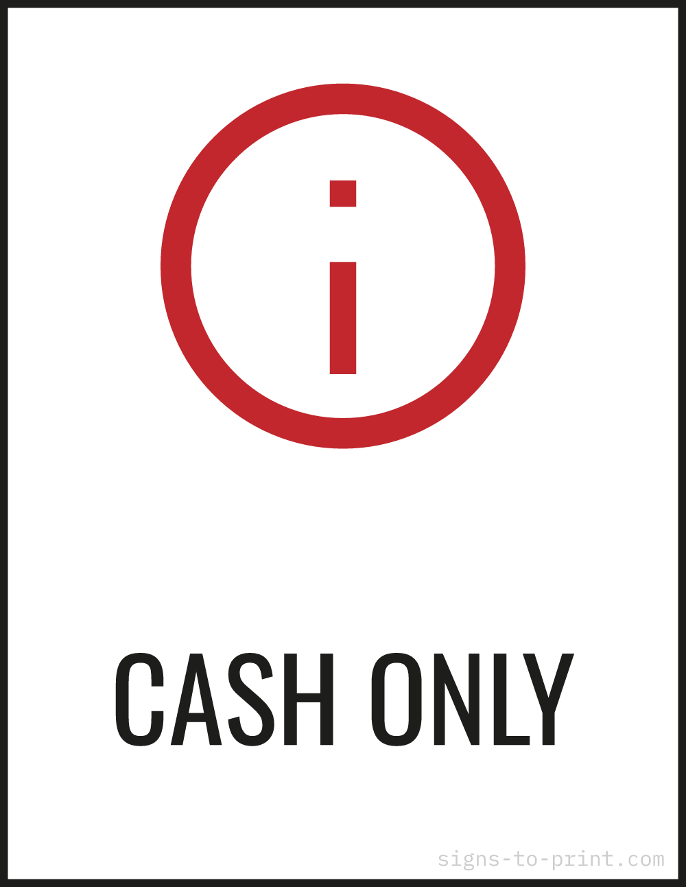 Free printable Cash Only sign, Red / White, 8.5x11 in