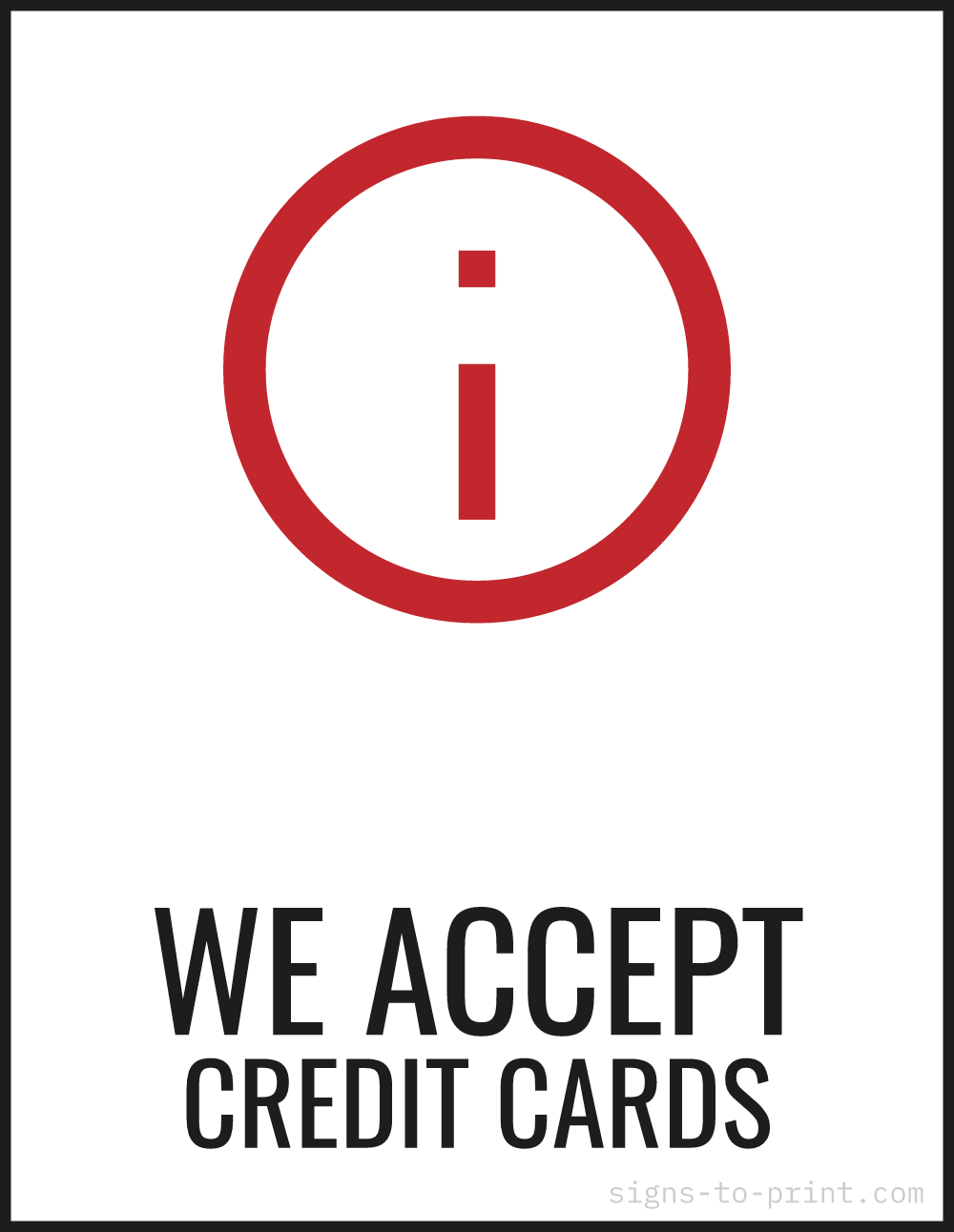 Free printable We Accept Credit Cards sign, Red / White, 8.5x11 in