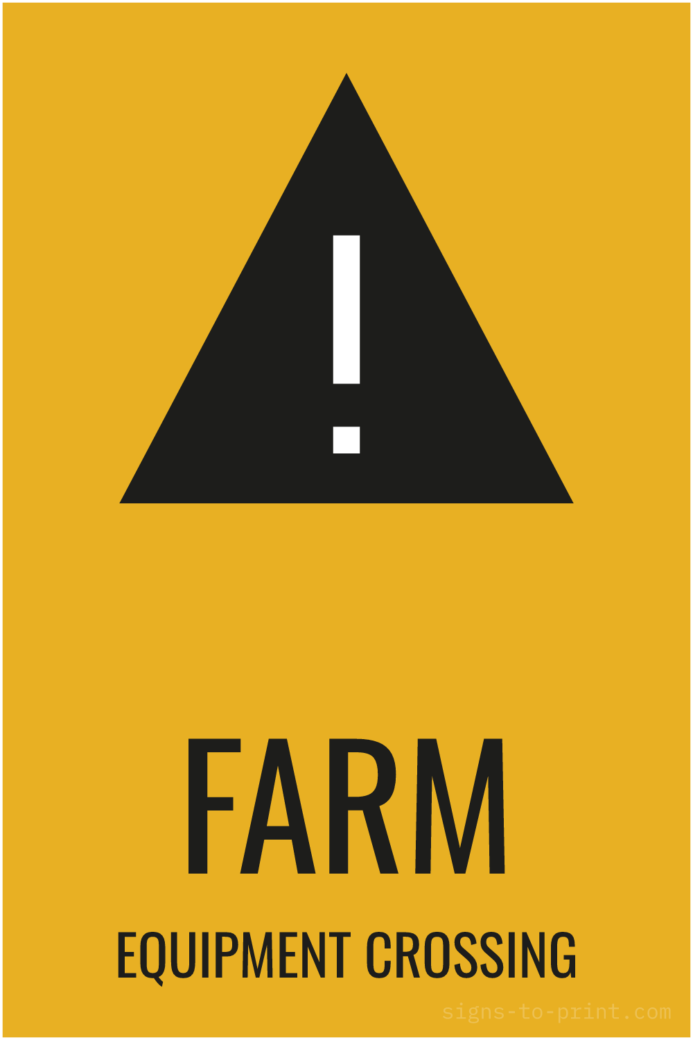 Free printable Farm Equipment Crossing sign, Orange / Black, 12x18 in