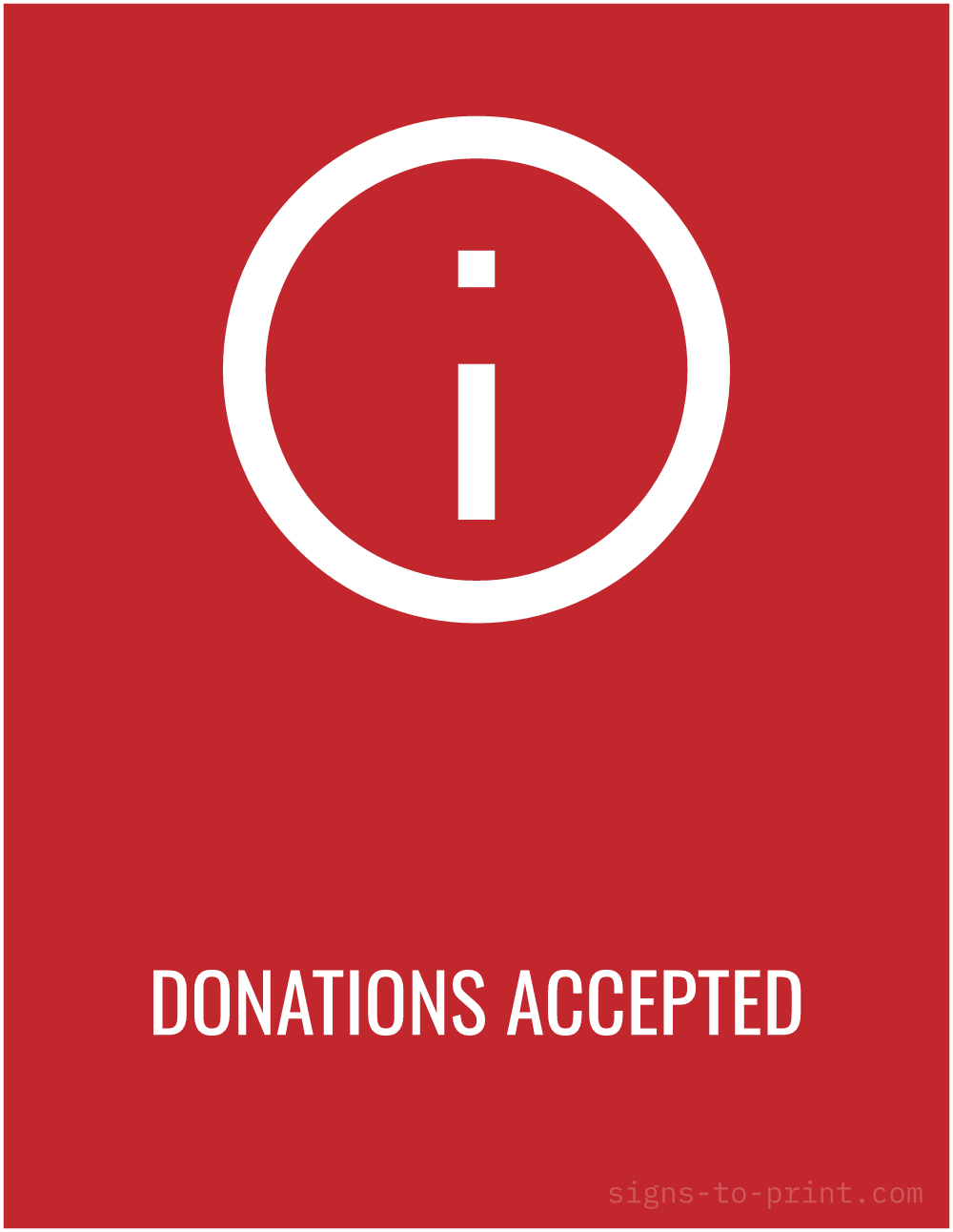 Free printable Donations Accepted sign, Red / White, 8.5x11 in