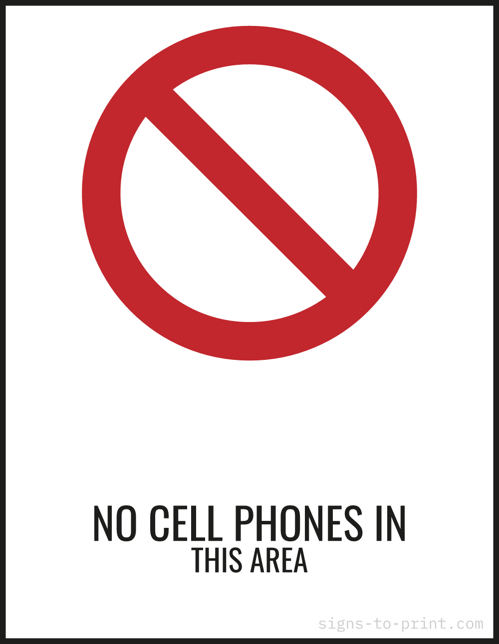 Free printable No Cell Phones in This Area sign, Red / White, 8.5x11 in