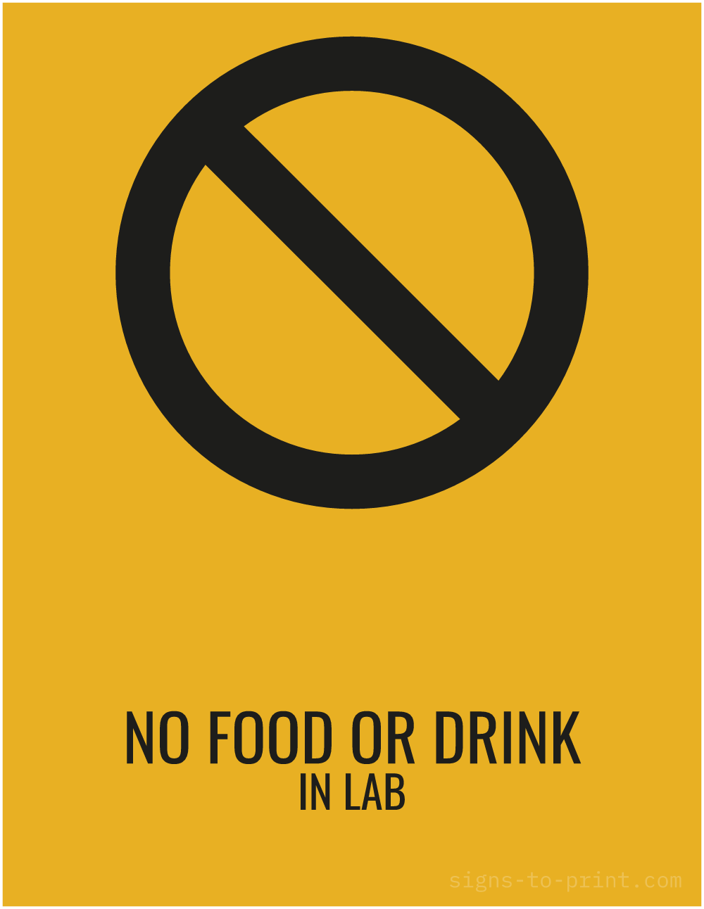 Free printable No Food or Drink in Lab sign, Orange / Black, 8.5x11 in
