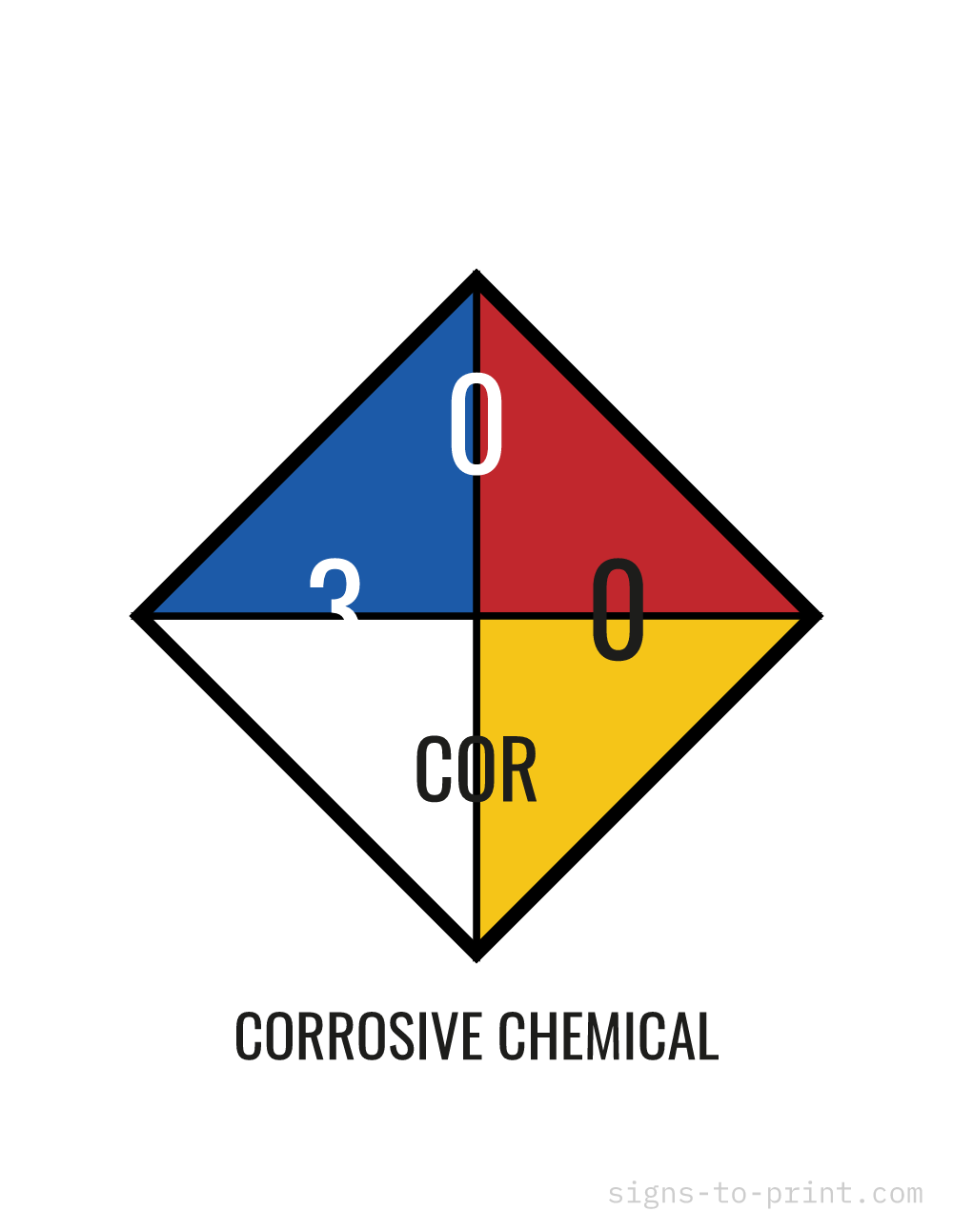 Free printable Corrosive Chemical NFPA 704 8.5 x 11 sign, NFPA 704 Standard, 8.5 x 11 download