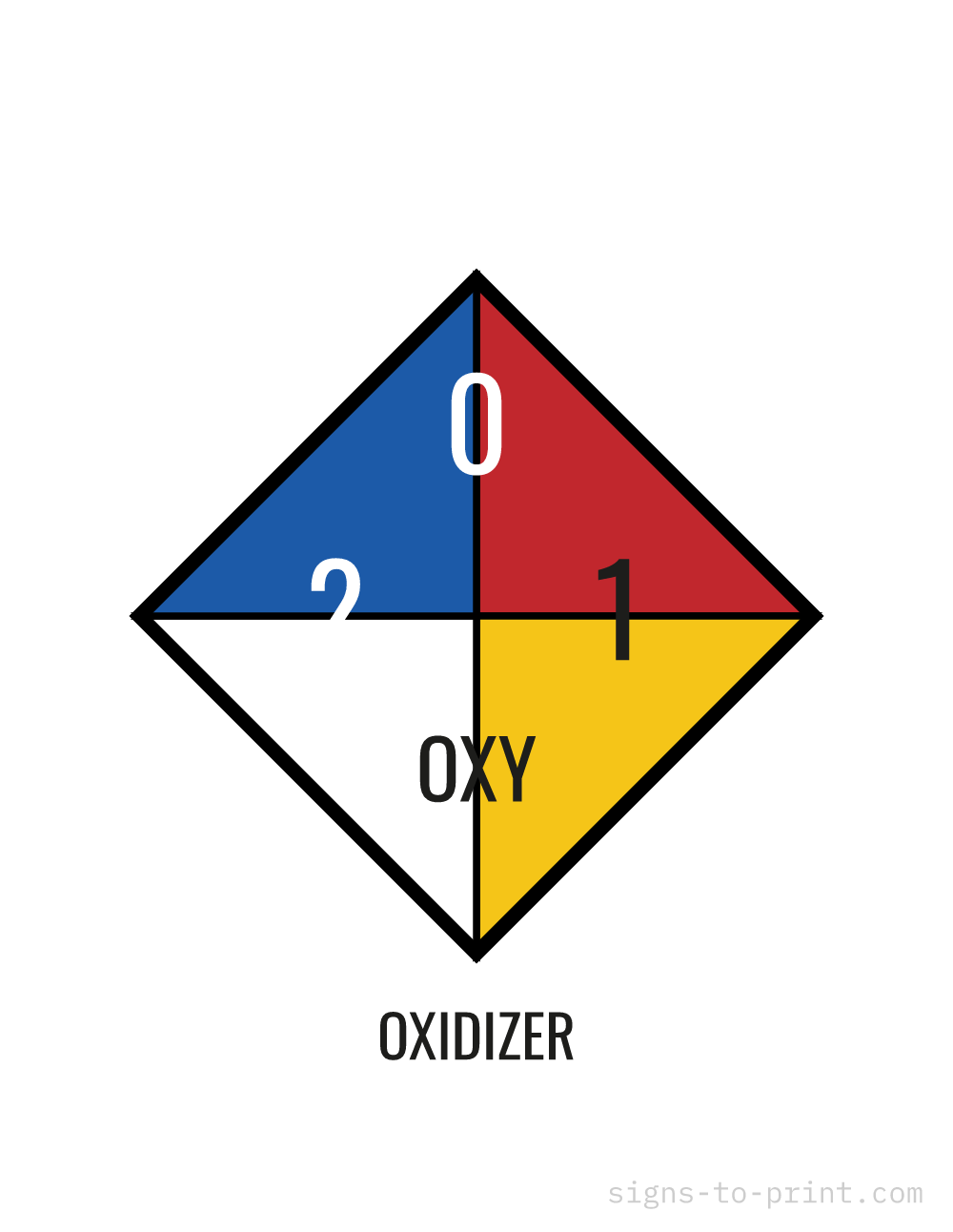 Free printable Oxidizer NFPA 704 8.5 x 11 sign, NFPA 704 Standard, 8.5 x 11 download