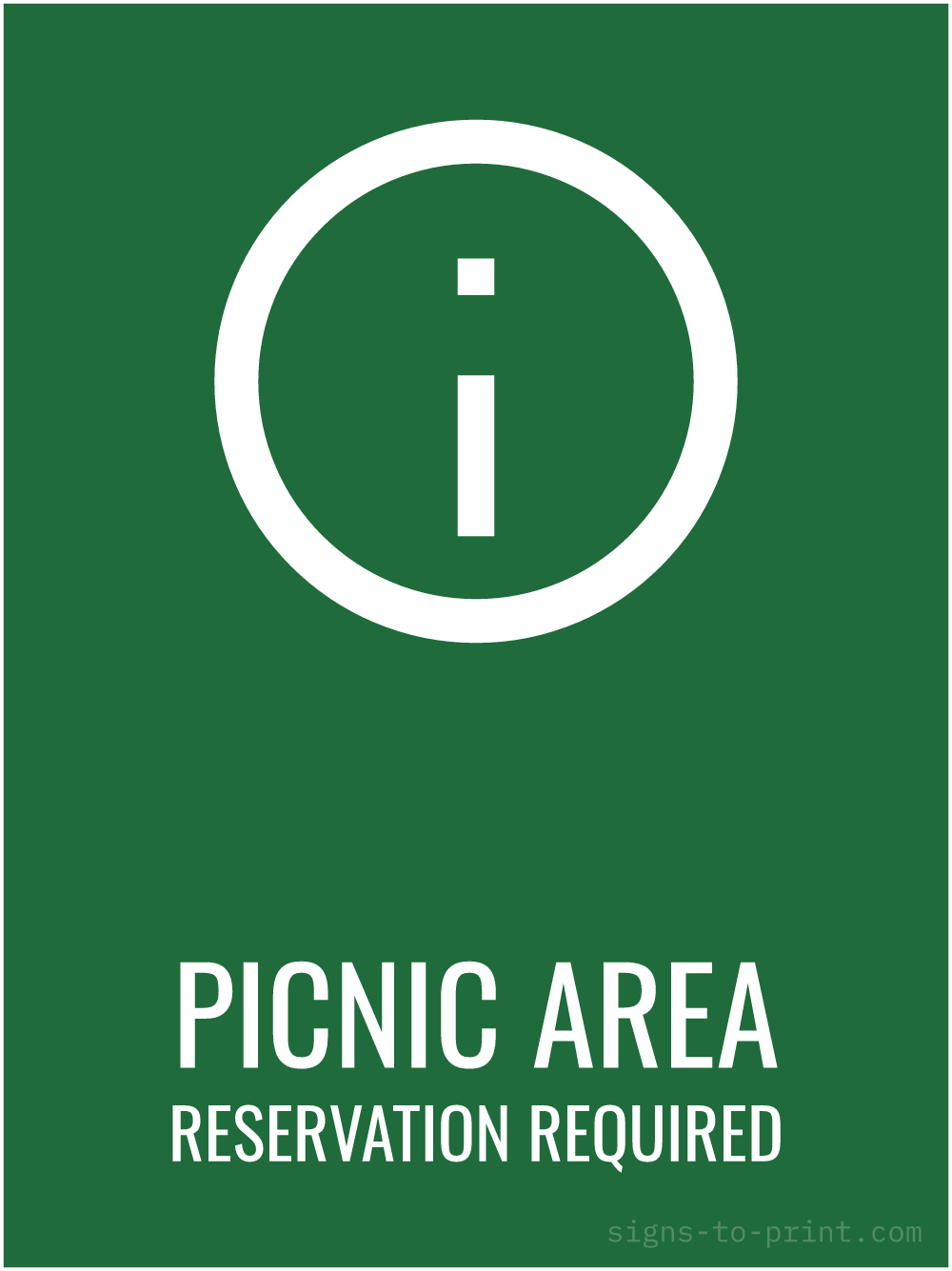 Free printable Picnic Area Reservation Required 18 x 24 sign, Green / White, 18 x 24 download
