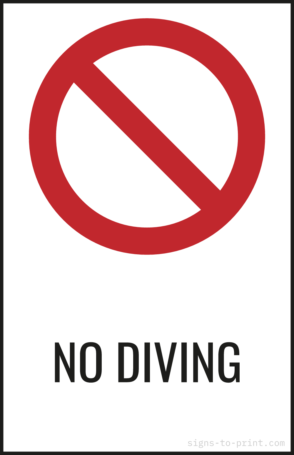 Free printable No Diving 11 x 17 sign, Red / White, 11 x 17 download
