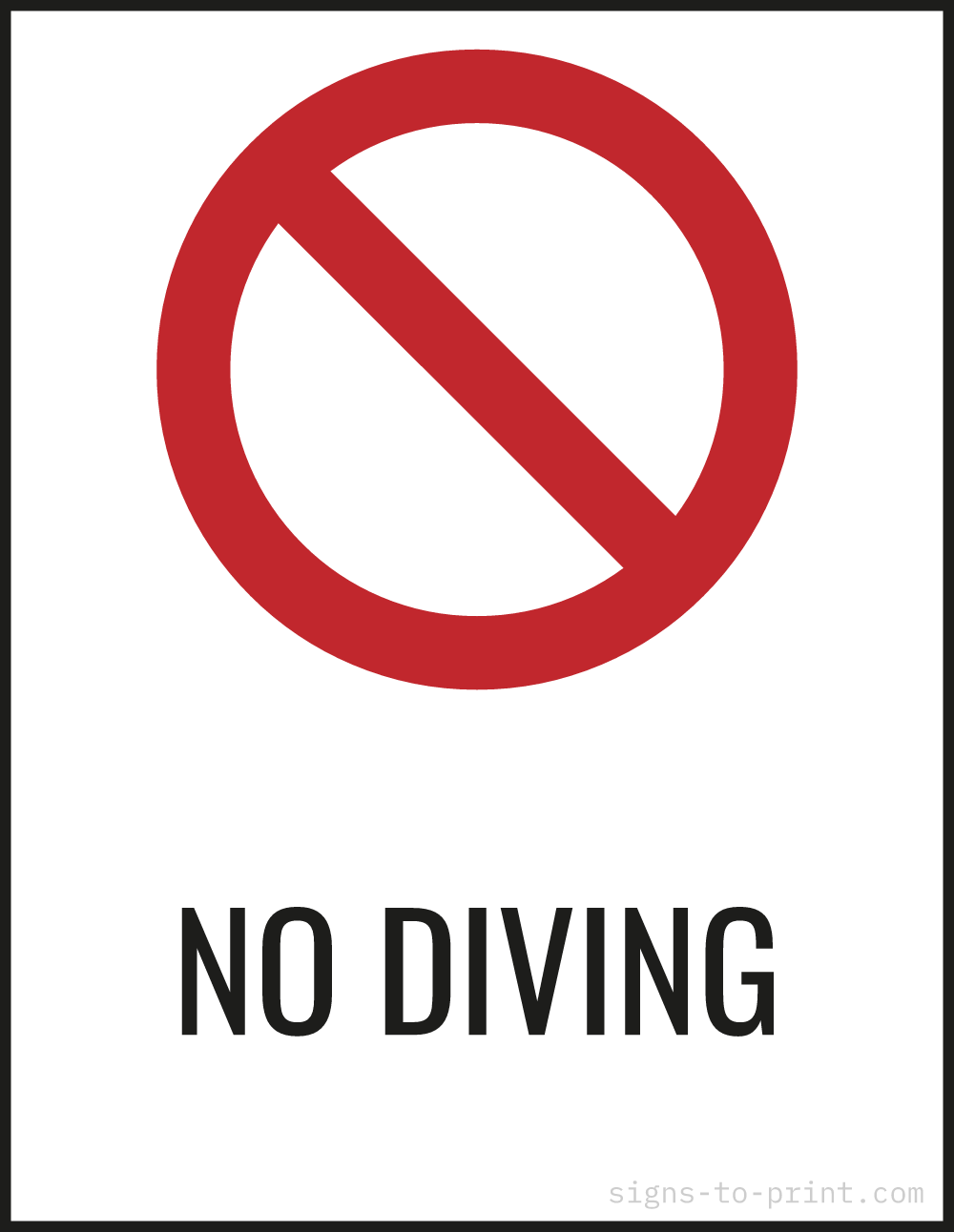 Free printable No Diving 8.5 x 11 sign, Red / White, 8.5 x 11 download