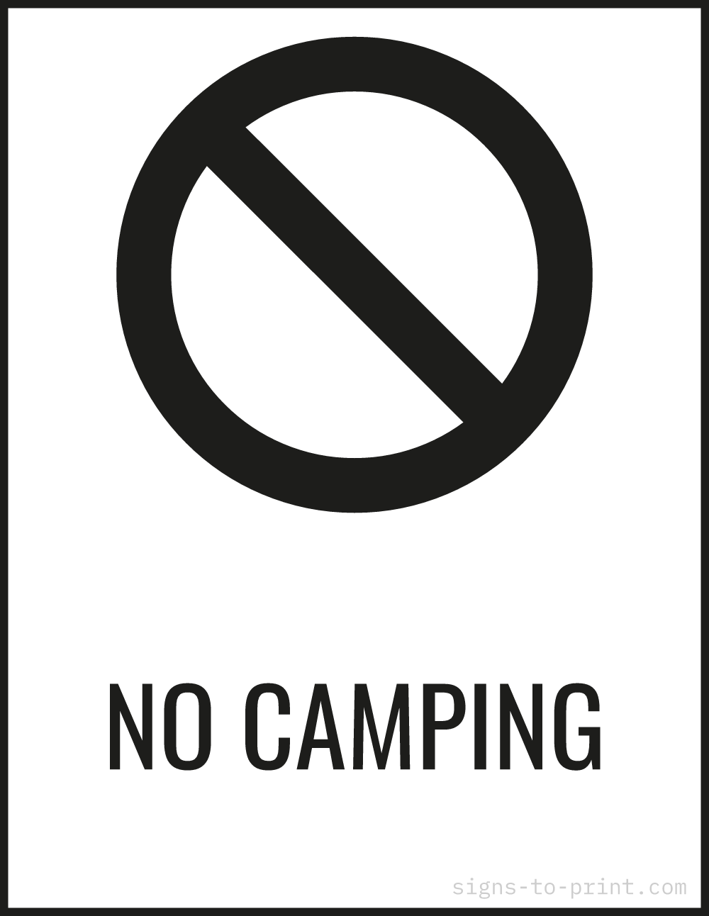 Free printable No Camping sign, Black / White, 8.5x11 in