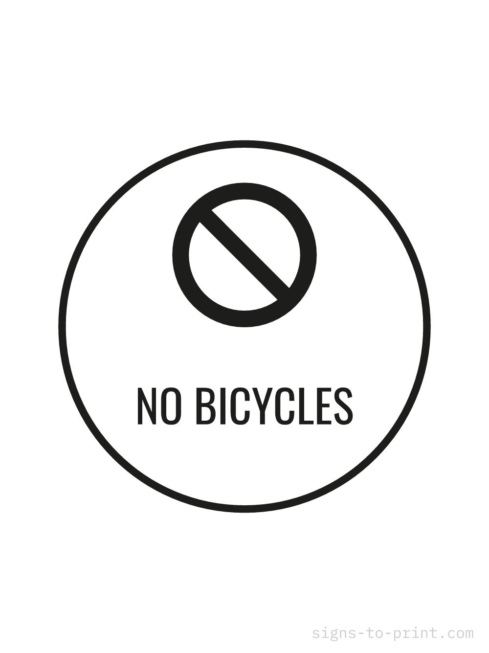 Free printable No Bicycles sign, Black / White, 18x24 in