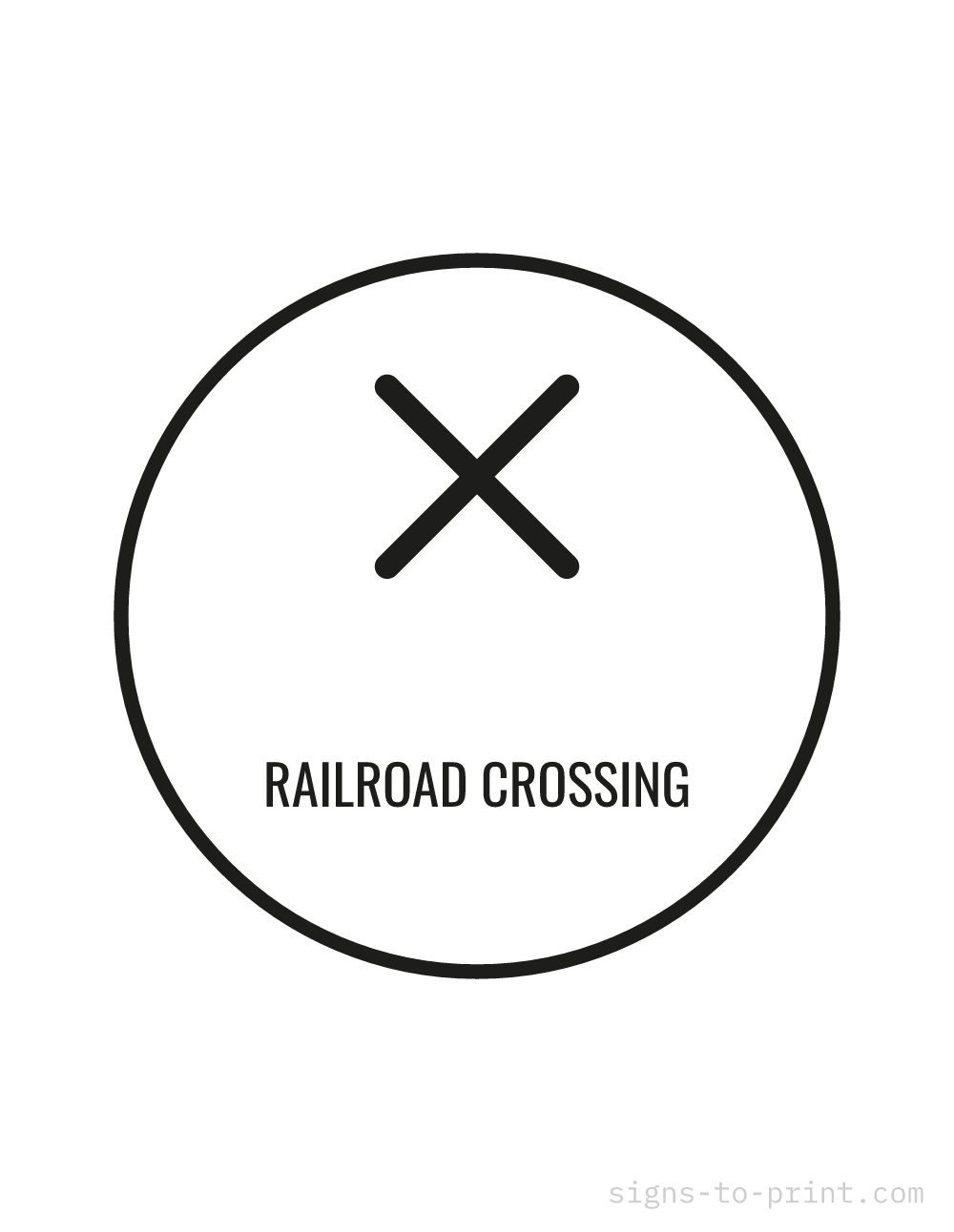 Free printable Railroad Crossing 8.5 x 11 sign, Black / White, 8.5 x 11 download