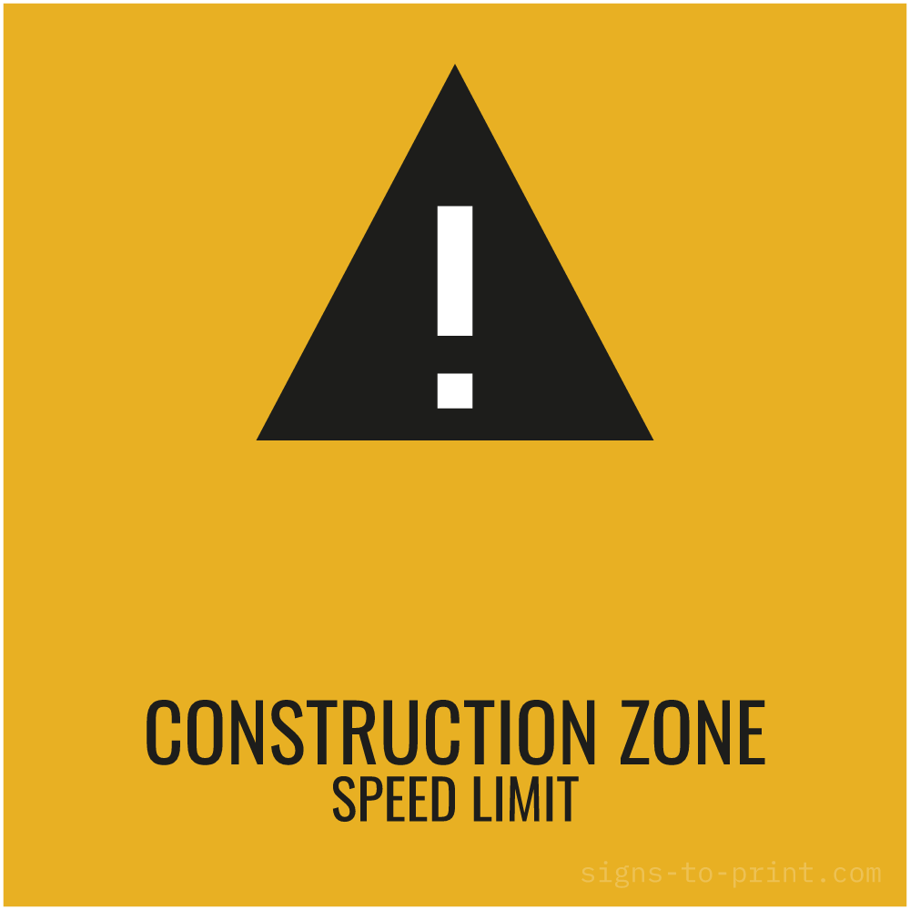 Free printable Construction Zone Speed Limit sign, Orange / Black, 24x24 in
