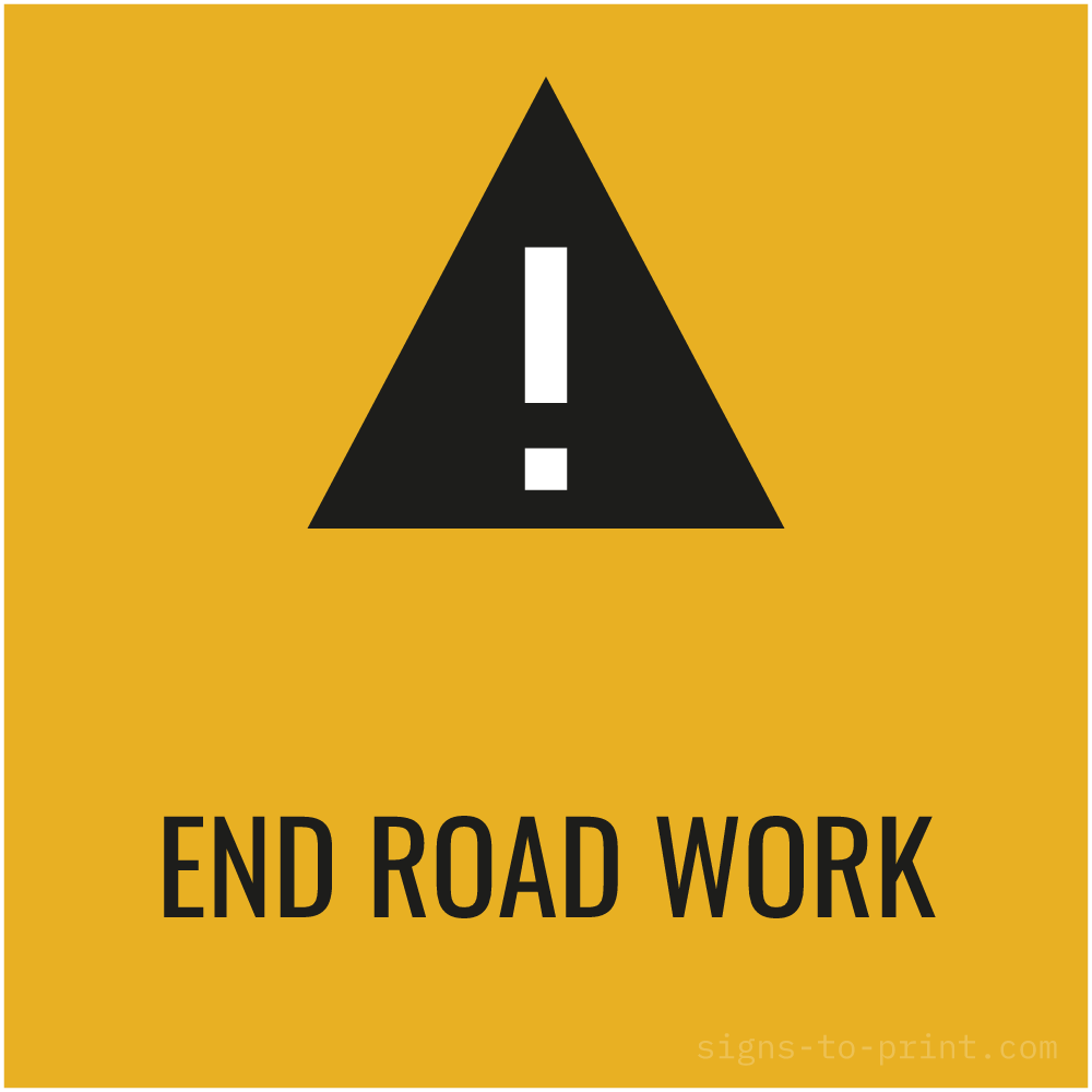 Free printable End Road Work sign, Orange / Black, 24x24 in