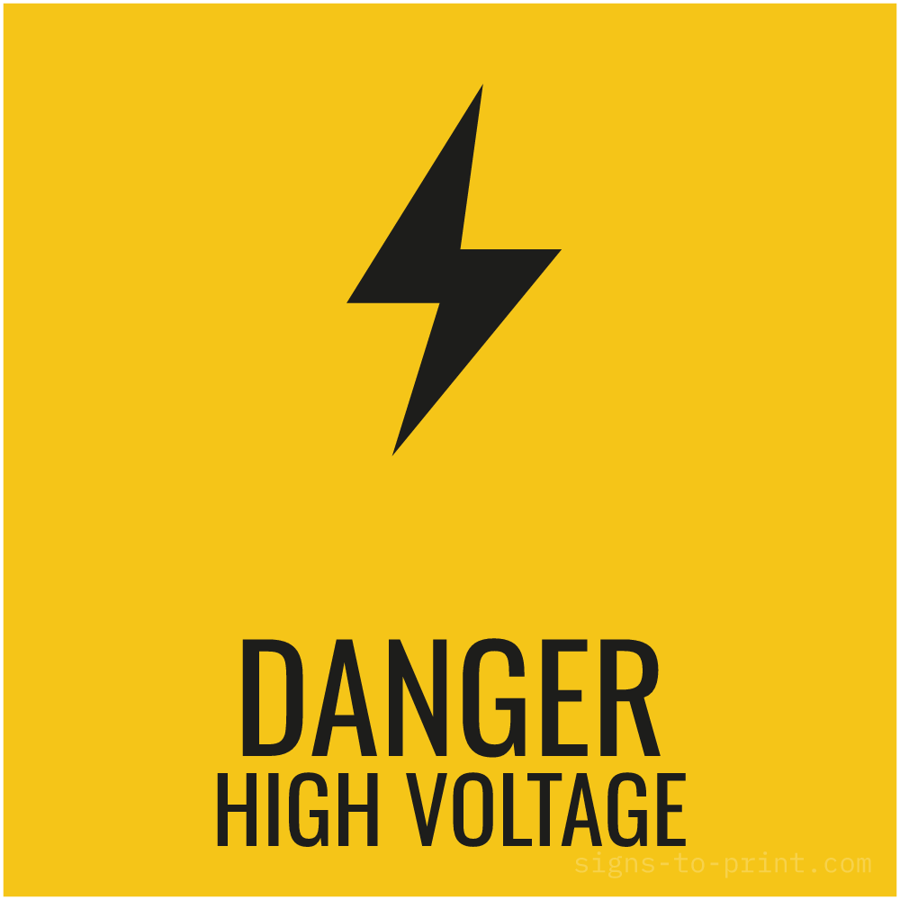 Free printable Danger High Voltage sign, Yellow / Black, 12x12 in
