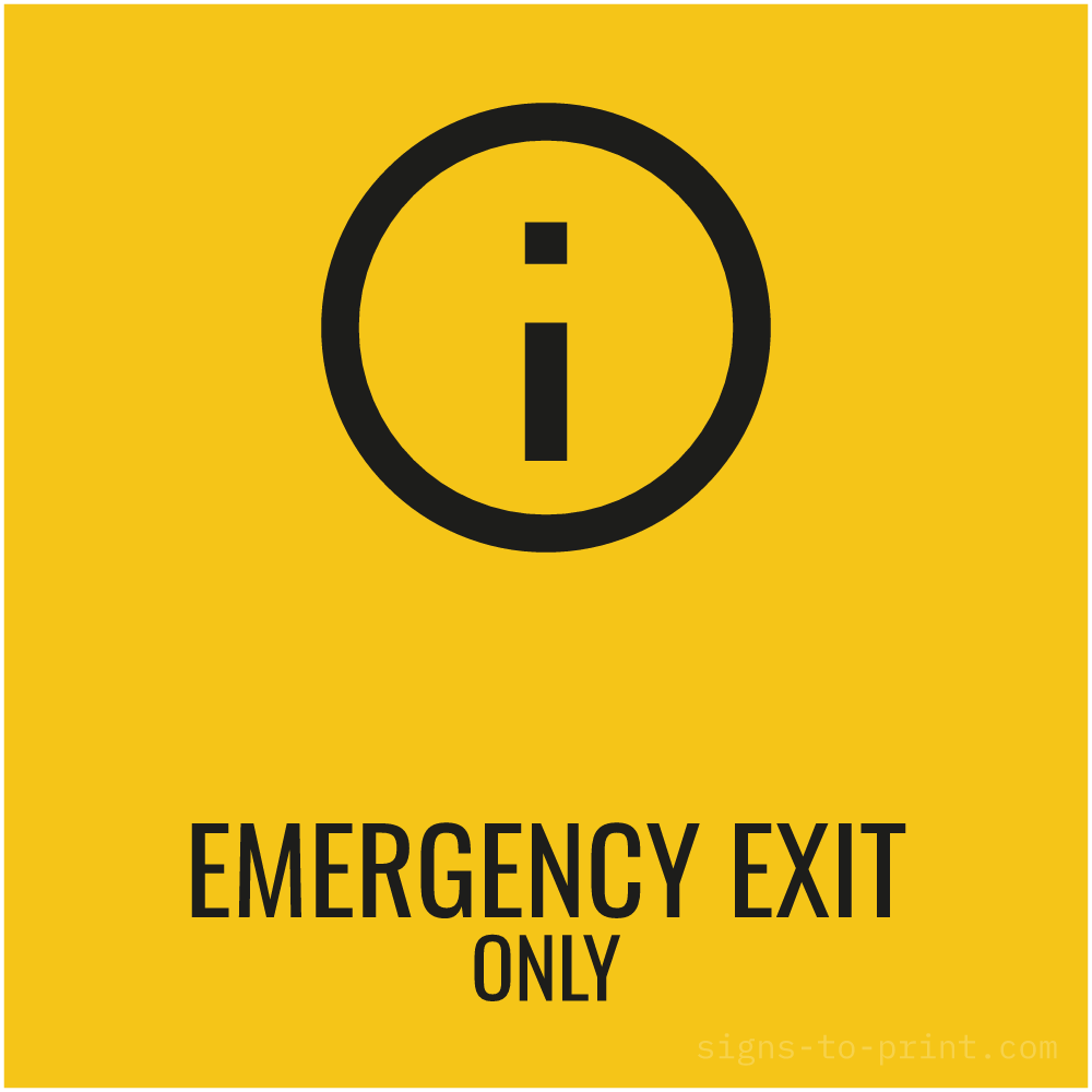 Free printable Emergency Exit Only sign, Yellow / Black, 12x12 in