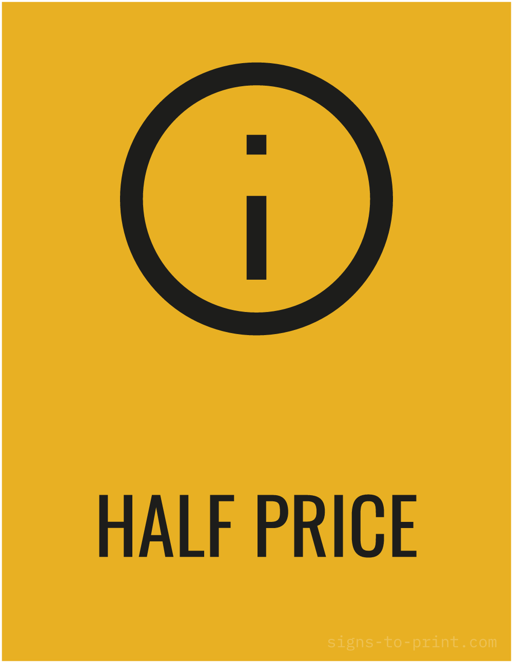 Free printable Half Price 8.5 x 11 sign, Orange / Black, 8.5 x 11 download